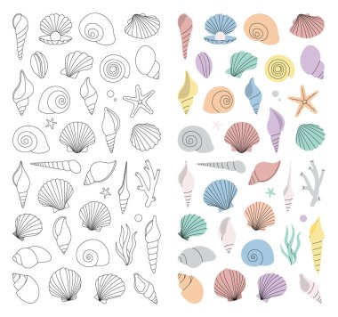 Tropik su altı kabukları. Deniz kabukları dikey pankart. Tatlı su yosunları, mercanlar, denizyıldızları, deniz yumuşakçaları, deniz tarakları, inciler. Vektör çizimi. Beyaz arkaplanda izole.
