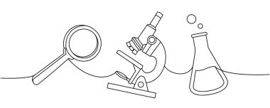 Okul malzemeleri hazır. Okula geri dön. Bir satır aralıksız çizim. Büyüteç, mikroskop, laboratuvar cam ekipmanları, test tüpleri sürekli tek çizgi çizimi. Vektör minimalist resimleme.