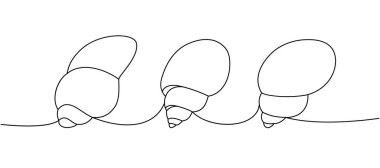 Deniz kabuklarını yüzün. Deniz kabukları, yumuşakçalar, deniz tarakları, inciler. Tropikal sualtı kabukları sürekli bir çizgi çizimi. Vektör minimalist doğrusal çizim. Beyaz arkaplanda izole