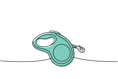 Şerit tasma, geri çekilebilir tasma tek çizgi renkli sürekli çizim. Hayvanlar için aksesuarlar, evcil hayvan oyuncakları sürekli bir çizim çizimi. Vektör çizimi. Beyaz arkaplanda izole