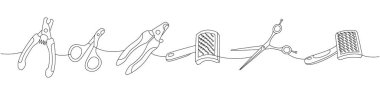 Hayvan aksesuarları. Evcil hayvan bakımı, tırnak makası, fırça, kürk çıkarıcı için makas sürekli bir çizim. Vektör doğrusal çizim. Beyaz arkaplanda izole
