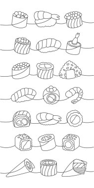 Suşi hazır. Japon mutfağı, geleneksel yemek bir çizgi çizimi. Ikura sushi, tobiko maki, philadelphia roll, onigiri, karides nigiri, tekkamaki tuna roll, futomaki, sake temaki, soya kasesi, vasabi