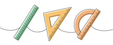 Okul malzemeleri seti. Okula geri döndüm. Renkli çizimler yapıp duruyordum. Cetvel ölçeği, açıölçer ve üçgen cetvel, ölçüm aracı sürekli bir çizgi çizimi. Vektör doğrusal illüstrasyon.