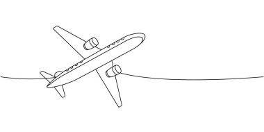 Uçak uçağı, hava taşımacılığı bir hat sürekli çizim. Farklı hava taşımacılığı tek bir çizgiden devam ediyor. Vektör minimalist doğrusal çizim. Beyaz arkaplanda izole
