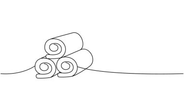 Banyo için havlular. Bir sıra sürekli çizim. Temizlik hizmetleri araçları sürekli bir çizgi çizimi yapar. Vektör doğrusal çizim. Beyaz arkaplanda izole