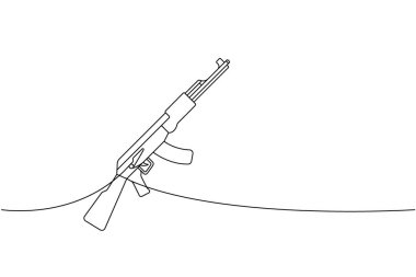 Saldırı tüfeği AK-47, sürekli çizim halinde. Çeşitli modern silahlar sürekli tek bir çizgiden yansıtılıyor. Vektör doğrusal çizim. Beyaz arkaplanda izole