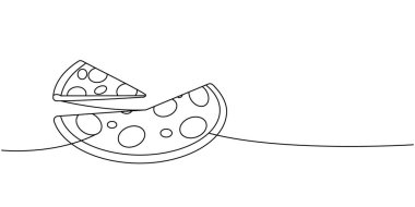 Malzemeli İtalyan pizzası. Bir çizgi sürekli çizim. Geleneksel İtalyan fast food 'u tek bir çizgiden ibaret. Vektör doğrusal çizim. Beyaz arkaplanda izole