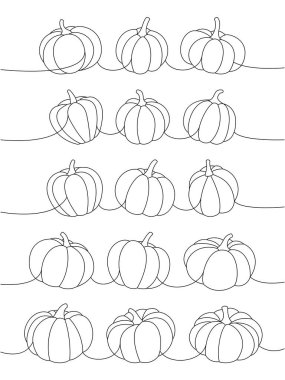 Sonbahar balkabakları. Balkabakları aralıksız çizim yapıyor. Sonbahar Cadılar Bayramı sebzeleri tek bir çizgiden ibarettir. Vektör minimalist doğrusal çizim. Beyaz arkaplanda izole