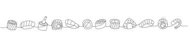 Suşi yiyecekleri koleksiyonu. Japon mutfağı, geleneksel yemek bir çizgi çizimi. Ikura sushi, tobiko maki, sake nigiri, karides, philadelphia roll, futomaki, onigiri aralıksız tek bir çizim.