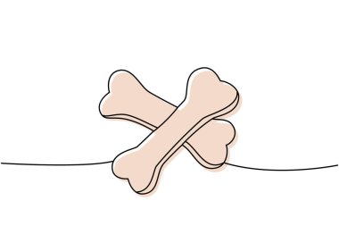 Kemikler, köpek oyuncağı bir çizgi renkli sürekli çizim. Hayvanlar için aksesuarlar, evcil hayvan oyuncakları sürekli bir çizim çizimi. Vektör doğrusal çizim. Beyaz arkaplanda izole