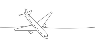 Jet uçağı, hava taşımacılığı bir hat sürekli çekiliyor. Farklı hava taşımacılığı tek bir çizgiden devam ediyor. Vektör minimalist doğrusal çizim. Beyaz arkaplanda izole