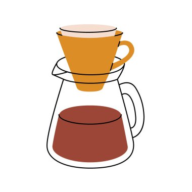 Kağıt filtresi olan kahve makinesi. Kafe menüsü ve kahve dükkanı için el yapımı öğeler. Vektör çizimi. Beyaz arkaplanda izole.