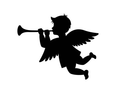 Melek borazanı çalıyor. Melek silueti. Sevgililer Günü. Aşk sembolü. Vektör çizimi. Beyaz arkaplanda izole.