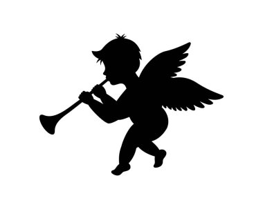 Melek tüpün içine üflüyor. Melek silueti. Sevgililer Günü. Aşk sembolü. Vektör çizimi. Beyaz arkaplanda izole.