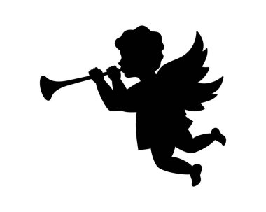 Melek borazanı çalıyor. Melek silueti. Sevgililer Günü. Aşk sembolü. Vektör çizimi. Beyaz arkaplanda izole.