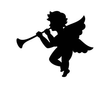 Haberci melek trompet üflüyor. Melek silueti. Sevgililer Günü. Aşk sembolü. Vektör çizimi. Beyaz arkaplanda izole.