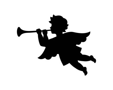 Melek tüpün içine üflüyor. Melek silueti. Sevgililer Günü. Aşk sembolü. Vektör çizimi. Beyaz arkaplanda izole.