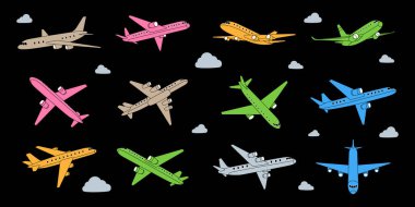 Uçak seti. Hava ulaşımı. Hava uçuş sembolü. Yolcu uçakları. Vektör çizimi. Siyah arkaplanda izole