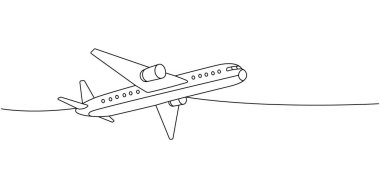 Uçak, yolcu uçağı. Bir hat sürekli çekiliyor. Farklı hava taşımacılığı tek bir çizgiden devam ediyor. Vektör minimalist doğrusal çizim. Beyaz arkaplanda izole