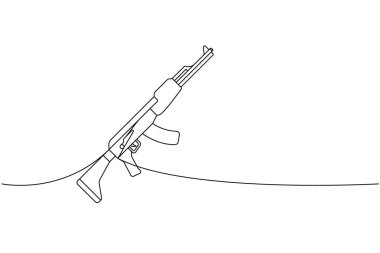 Saldırı tüfeği AK-47, sürekli çizim halinde. Çeşitli modern silahlar sürekli tek bir çizgiden yansıtılıyor. Vektör doğrusal çizim. Beyaz arkaplanda izole