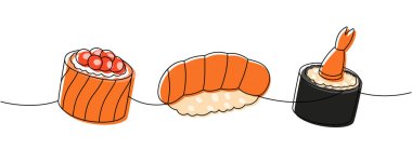 Seafood sushi rolls. Japanese cuisine, traditional food one line drawing. Ikura sushi, tobiko maki, sake nigiri, shrimp roll continuous one line illustration. Isolated on white background clipart