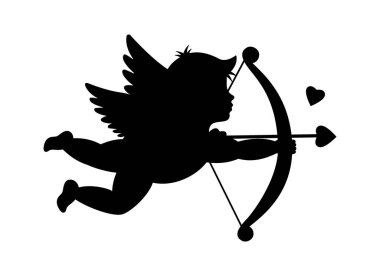Sevimli aşk tanrısı. Melek silueti. Sevgililer Günü. Aşk sembolü. Vektör çizimi. Beyaz arkaplanda izole.