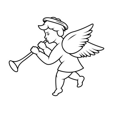 Melek tüpün içine üflüyor. Kanatlı bir melek. Sevgililer Günü. Vektör çizimi. Beyaz arkaplanda izole.