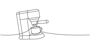 Fincanlı kahve makinesi sürekli çizim yapıyor. Kafe menüsü ve kahve dükkanı için el yapımı öğeler. Vektör doğrusal çizim. Beyaz arkaplanda izole