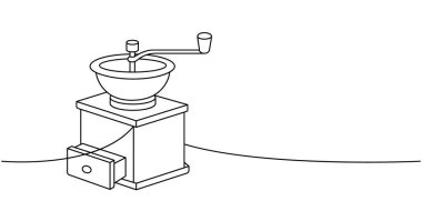 Kahve öğütücüsü bir çizgi sürekli çiziyor. Kafe menüsü ve kahve dükkanı için el yapımı öğeler. Vektör doğrusal çizim. Beyaz arkaplanda izole