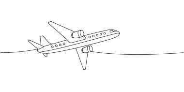 Uçak, yolcu uçağı. Bir hat sürekli çekiliyor. Farklı hava taşımacılığı tek bir çizgiden devam ediyor. Vektör minimalist doğrusal çizim. Beyaz arkaplanda izole