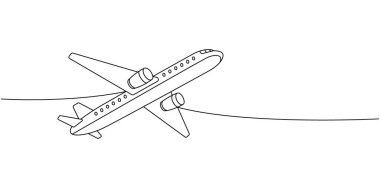 Hava taşımacılığı, yolcu uçakları bir hat boyunca devam ediyor. Farklı hava taşımacılığı tek bir çizgiden devam ediyor. Vektör minimalist doğrusal çizim. Beyaz arkaplanda izole