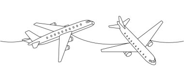 Uçak ayarlandı. Yolcu uçakları bir hat boyunca sürekli çekiliyorlar. Farklı hava taşımacılığı tek bir çizgiden devam ediyor. Vektör minimalist doğrusal çizim. Beyaz arkaplanda izole