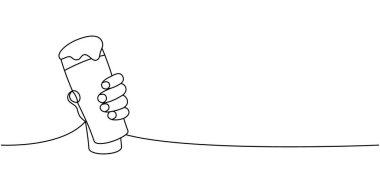 Bir bira bardağını sürekli tutan bir çizgi. Birahane ürünleri, aralıksız tek satırlık illüstrasyon için şerefe. Vektör doğrusal çizim. Beyaz arkaplanda izole