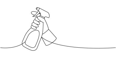 Dezenfektan spreyli bir el sürekli çizim yapıyor. Temizlik hizmetleri araçları sürekli bir çizgi çizimi yapar. Vektör doğrusal çizim. Beyaz arkaplanda izole
