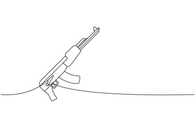 Saldırı tüfeği AK-47, sürekli çizim halinde. Çeşitli modern silahlar sürekli tek bir çizgiden yansıtılıyor. Vektör doğrusal çizim. Beyaz arkaplanda izole