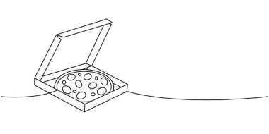 Tek satır aralıksız çizim yapan bir kutuda malzemeli pizza. Geleneksel İtalyan fast food 'u tek bir çizgiden ibaret. Vektör doğrusal çizim. Beyaz arkaplanda izole