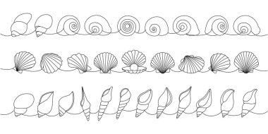 Su altı kabukları yerleştirildi. Deniz kabukları, yumuşakçalar, deniz tarakları, inciler. Tropikal sualtı kabukları sürekli bir çizgi çizimi. Vektör minimalist doğrusal çizim. Beyaz arkaplanda izole