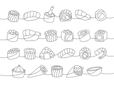Deniz ürünleri suşi ruloları. Geleneksel Japon yemekleri bir çizgi çizer. Ikura sushi, tobiko maki, philadelphia roll, onigiri, karides nigiri, tekkamaki tuna roll, futomaki, sake temaki, soya kasesi, vasabi