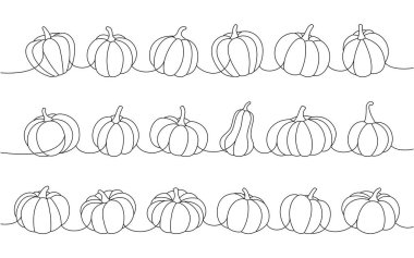 Autumn halloween pumpkins. Halloween pumpkins one line continuous drawing. Autumn vegetables continuous one line illustration. Vector minimalist linear illustration. Isolated on white background clipart