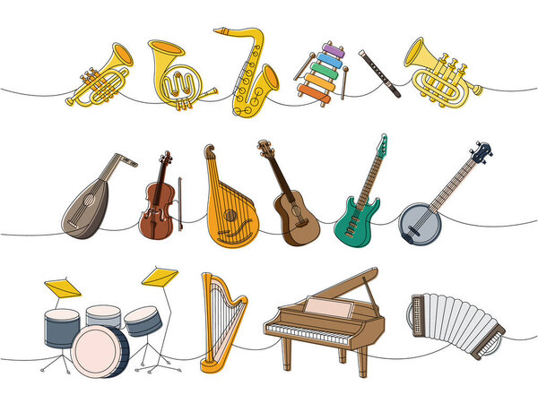 Musical instruments set. Tuba, trumpet, french horn, saxophone, xylophone, flute, lute, violin, bandura, acoustic guitar, american banjo, drum kit, lyre, wooden harp, grand piano, accordion.
