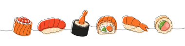 Sushi and rolls set. Japanese cuisine, traditional food one line drawing. Ikura sushi, tobiko maki, sake nigiri, shrimp, philadelphia roll, futomaki continuous one line illustration. clipart