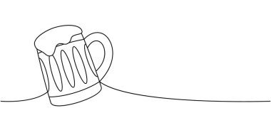 Bira fincanı. Bir satır sürekli çizim. Bira barı ürünleri tek satırlık illüstrasyonlar halinde. Vektör doğrusal çizim. Beyaz arkaplanda izole