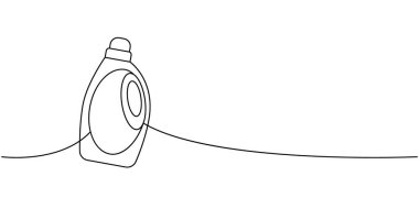 Deterjan şişesi, tuvalet temizleyicisi bir çizgi sürekli çizim. Temizlik hizmetleri araçları sürekli bir çizgi çizimi yapar. Vektör doğrusal çizim. Beyaz arkaplanda izole