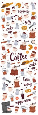 Kafe elementleri dikey afişte. Kafe menüsü için elle çizilmiş öğeler. Fasulye, içecek, kap, kap, paket, öğütücü, filtre, makine, iskele filtresi, su ısıtıcısı. Beyaz arkaplanda izole.