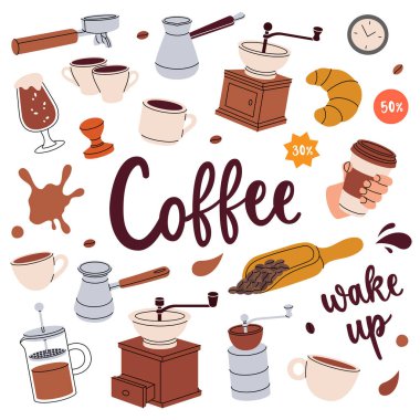 Kahve seti. Kafe menüsü, kahve dükkanı. Fasulye, içecek, kap, kap, paket, öğütücü, filtre, makine, iskele filtresi, su ısıtıcısı. Vektör illüstrasyonu.
