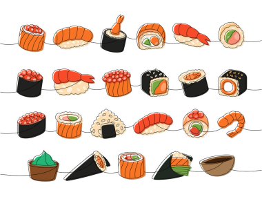 Deniz ürünleri suşi ruloları. Geleneksel Japon yemekleri bir çizgi çizer. Ikura sushi, tobiko maki, philadelphia roll, onigiri, karides nigiri, tekkamaki tuna roll, futomaki, sake temaki, soya kasesi, vasabi