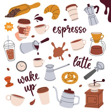 Kahve seti. Kafe menüsü, kahve dükkanı. Fasulye, içecek, kap, kap, paket, öğütücü, filtre, makine, iskele filtresi, su ısıtıcısı. Vektör çizimi. Beyaz arkaplanda izole.