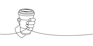 El, kahve fincanını sürekli bir çizgi halinde tutar. Kafe menüsü ve kahve dükkanı için el yapımı öğeler. Vektör doğrusal çizim. Beyaz arkaplanda izole