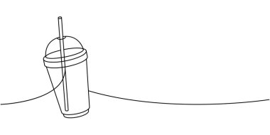 Plastik cam kahve fincanı. Sürekli bir çizim. Kafe menüsü ve kahve dükkanı için el yapımı öğeler. Vektör doğrusal çizim. Beyaz arkaplanda izole