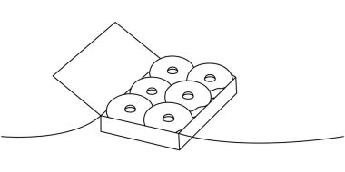Donutları sürekli çizerek çıkarın. Pastanede tatlı hamur işi. Vektör doğrusal çizim. Beyaz arkaplanda izole